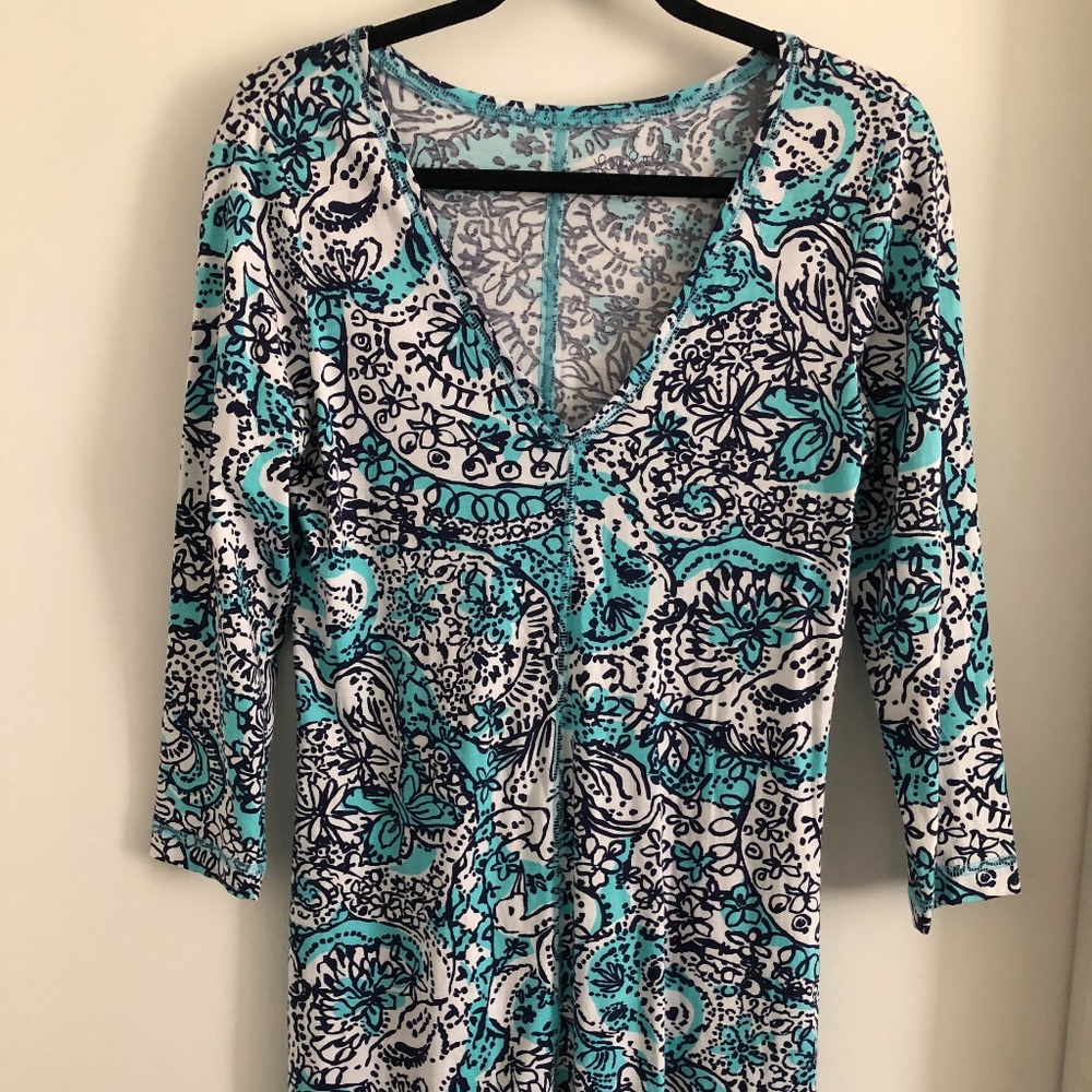 Lilly Pulitzer Blue Cotton 3/4 Sleeve Dress Size M